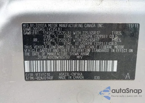 2011 Toyota Rav4 from USA, damaged, VIN 2T3BF4DV2BW165793